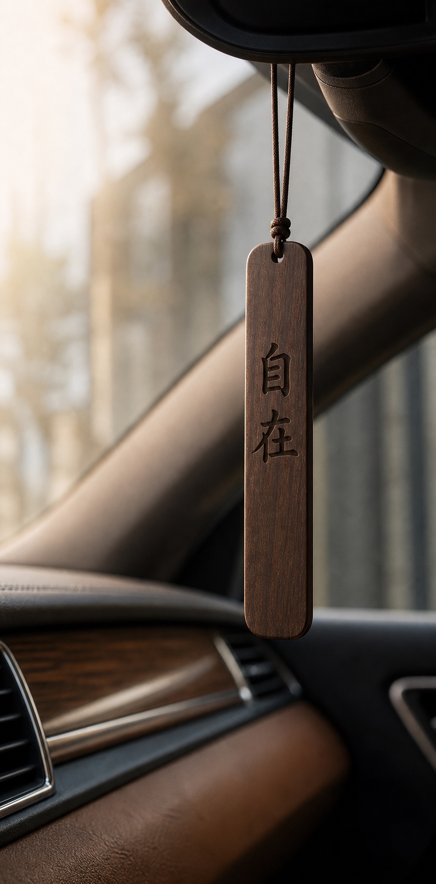 刻有自在的文字木盖取下后挂在车内作为留香挂件